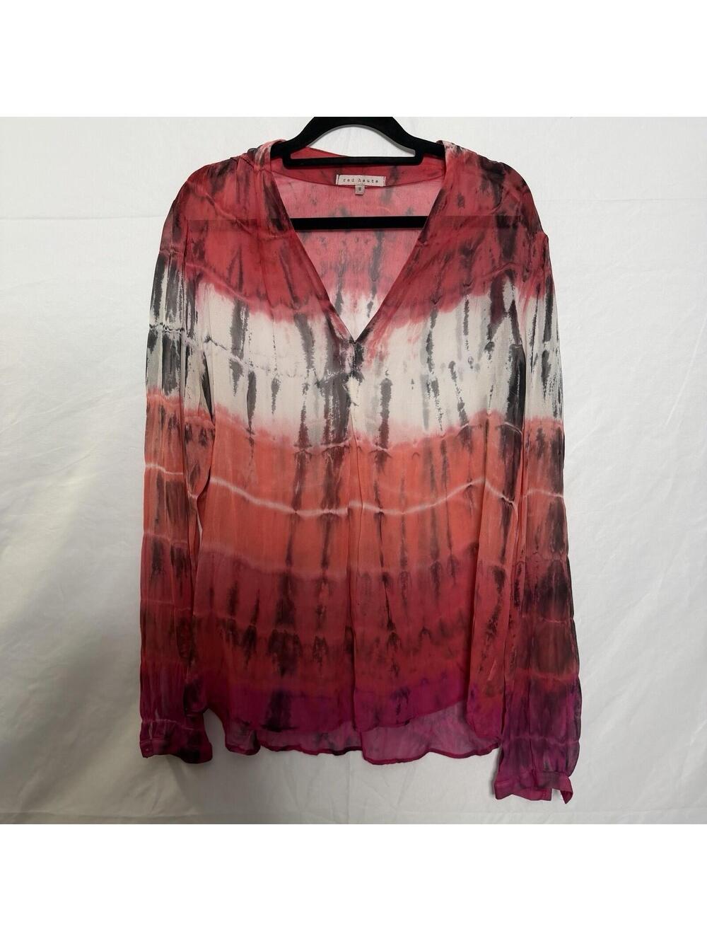 Red Haute 100% Silk Tie Dye Sheer Blouse M Red Coral Black Boho Cottagecore